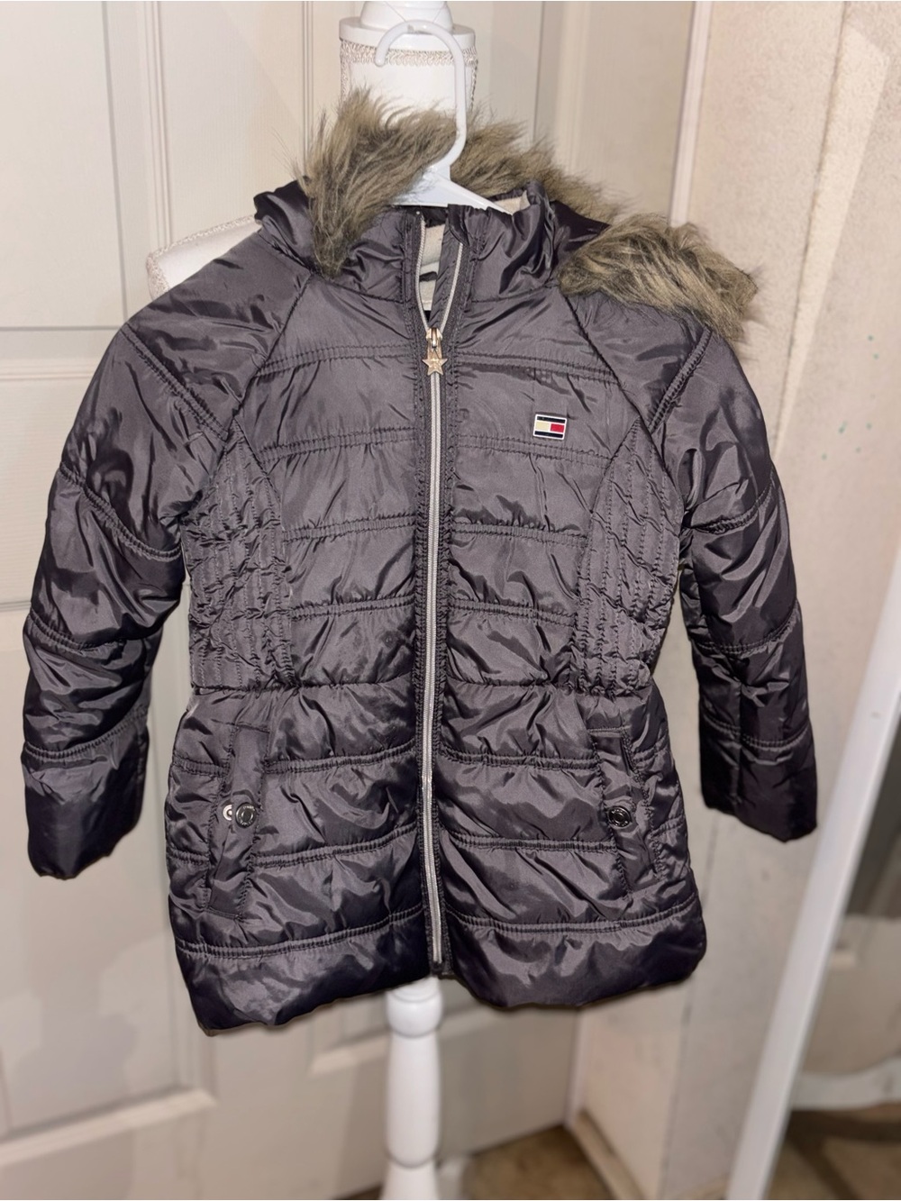 Tommy Hilfiger Girls' Dark Gray Quilted Hooded Puffer with Faux Fur Trim
